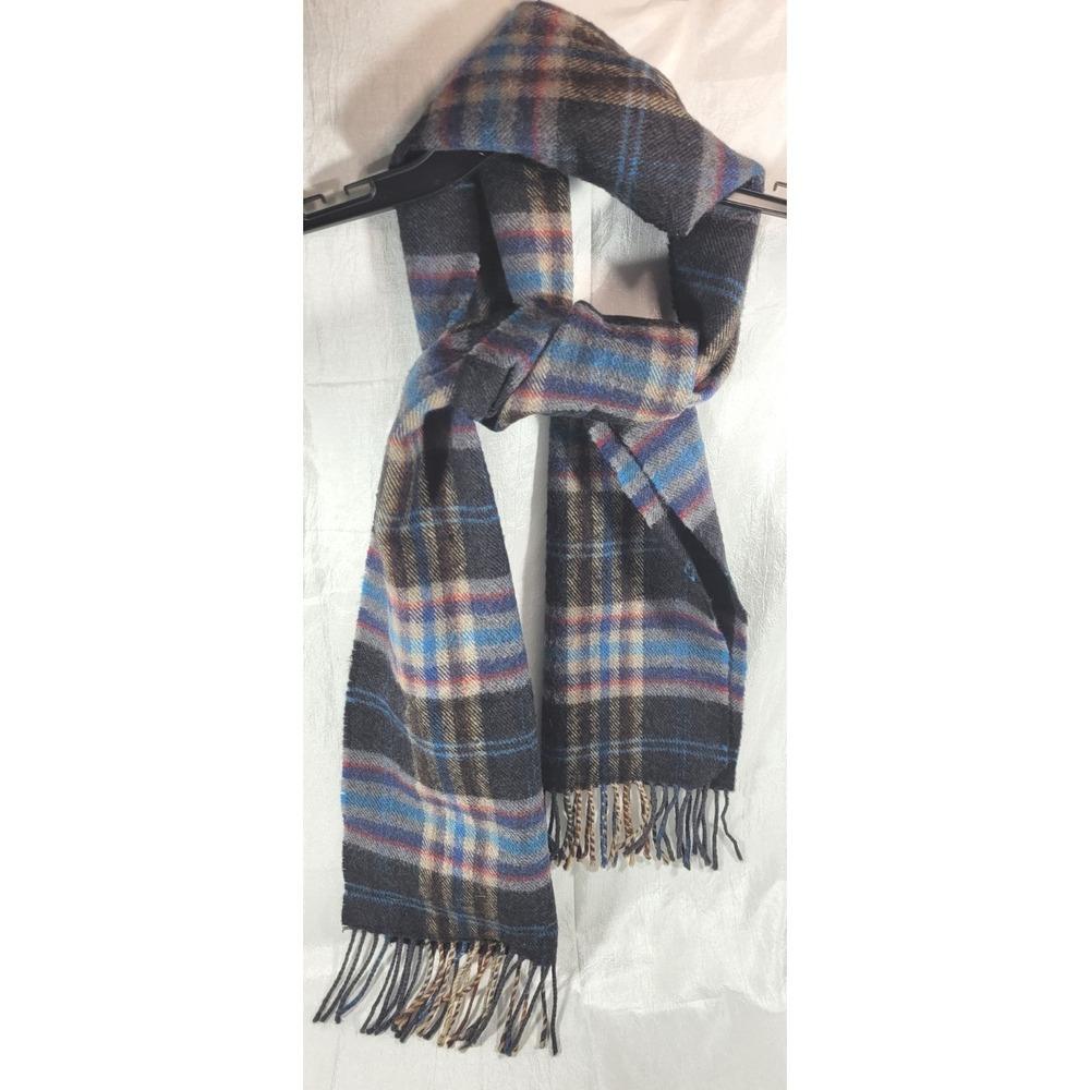 John Hanly Made in Ireland 100% Extra Fine Merino Wool Scarf - Black Plaid 12x66